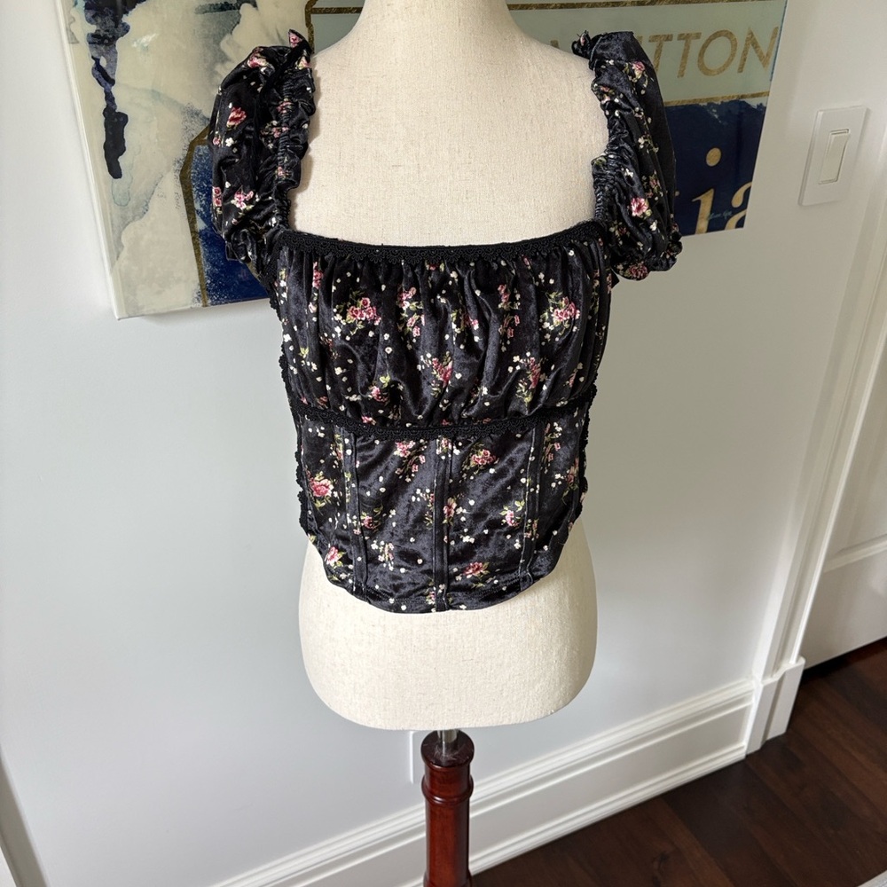Free People Black Floral Ruffle Top